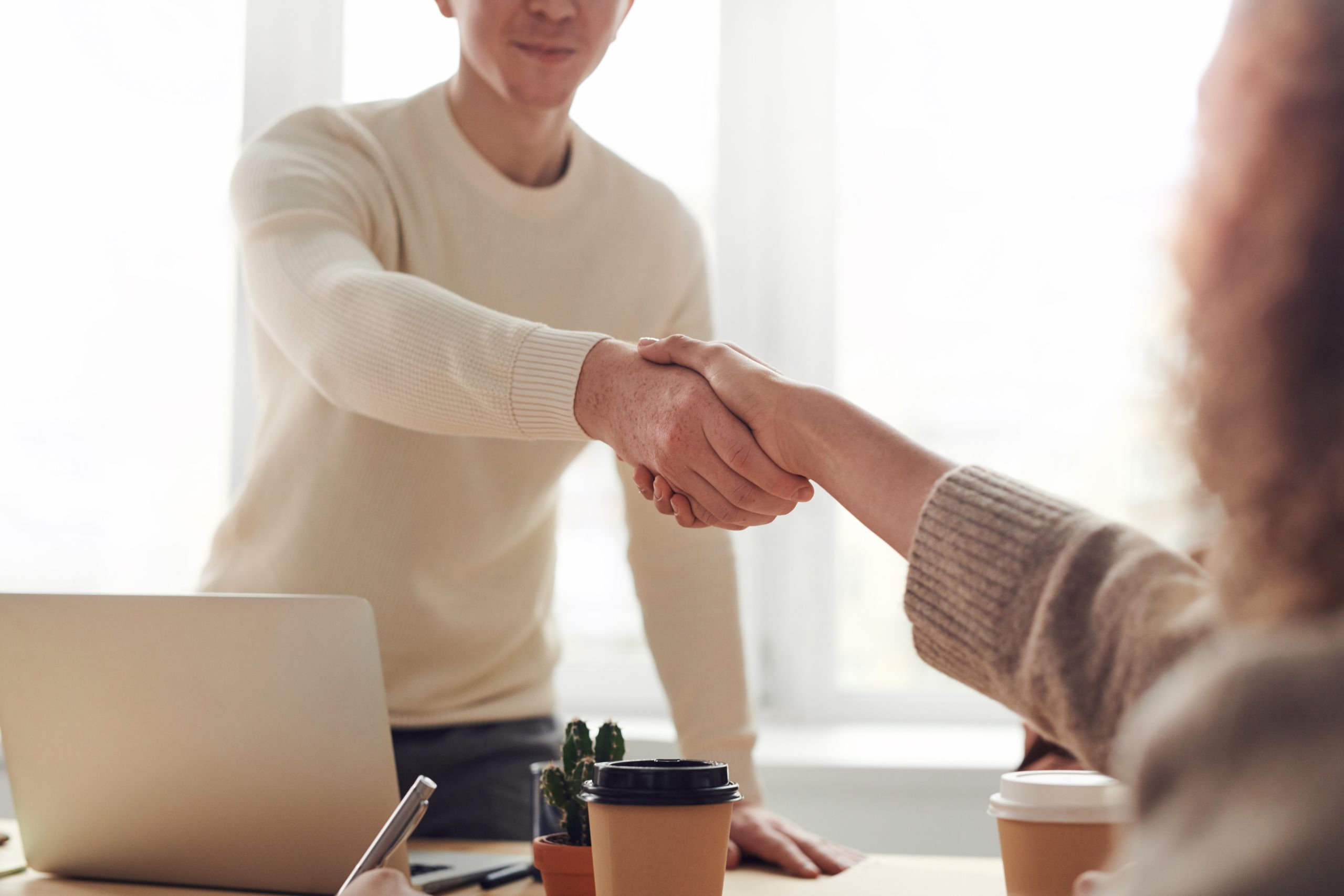 Two people shaking hands, like in partnering together.